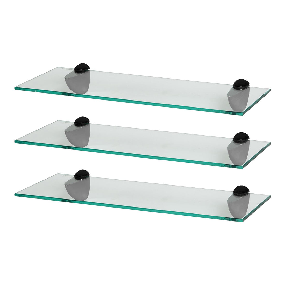 50cm Floating Glass Bathroom Shelves with Black Brackets - Pack of 3