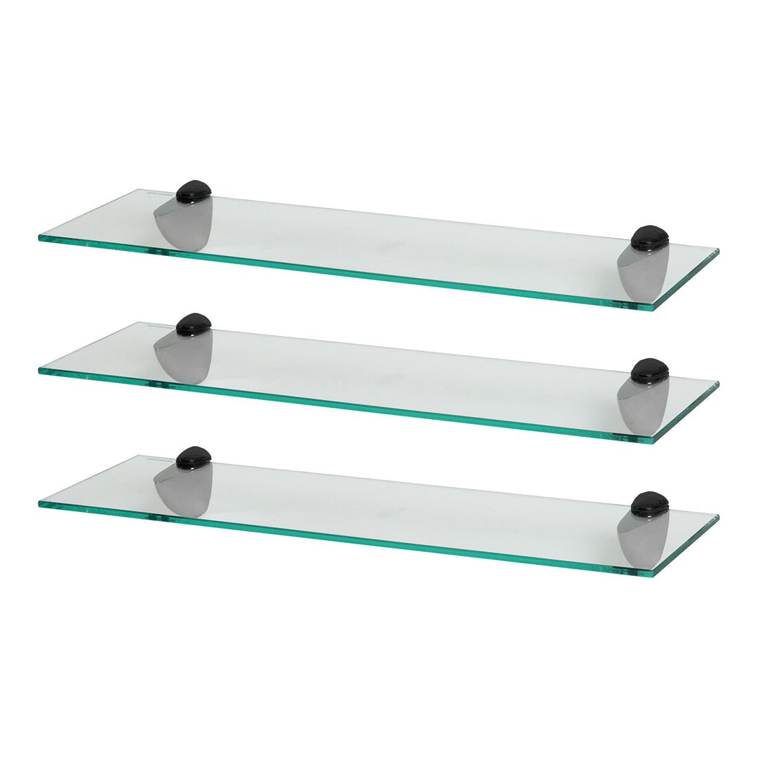 60cm Floating Glass Bathroom Shelves with Black Brackets - Pack of 3