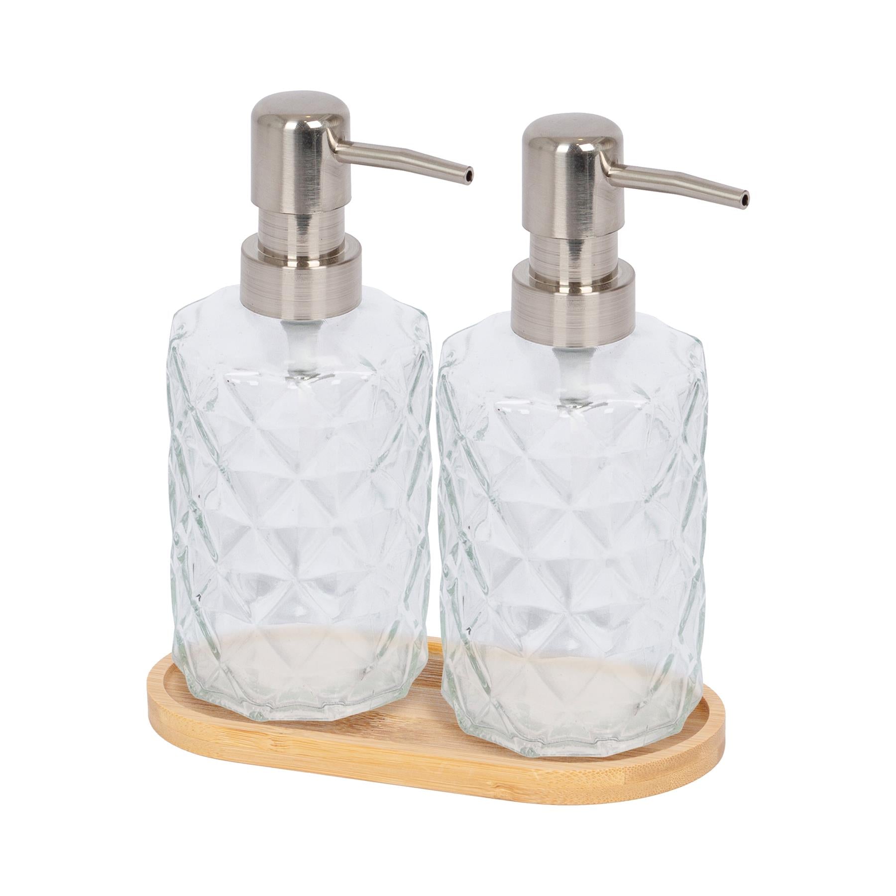 2pc Prism Glass Soap Dispenser Set with Bamboo Tray - 330ml - By Harbour Housewares