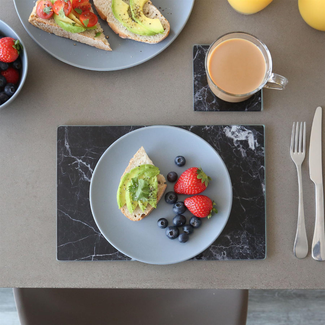 Black Marble-Effect 12-Piece Rectangular Glass Placemats &amp; Round Coasters Set - 30cm x 20cm