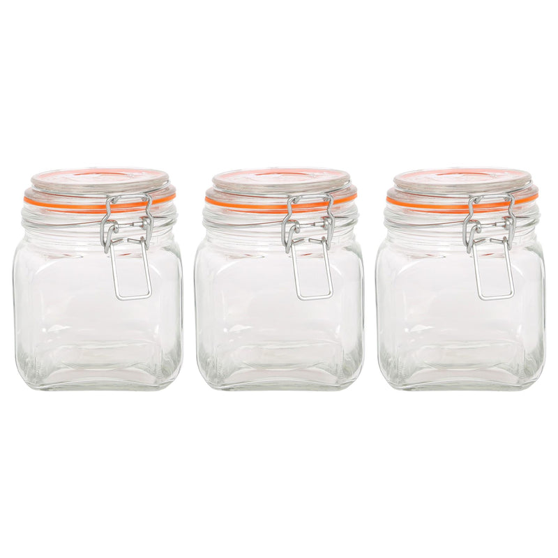 760ml Square Glass Jars with Clip-Top Lids - Pack of 3 - By Argon Tableware