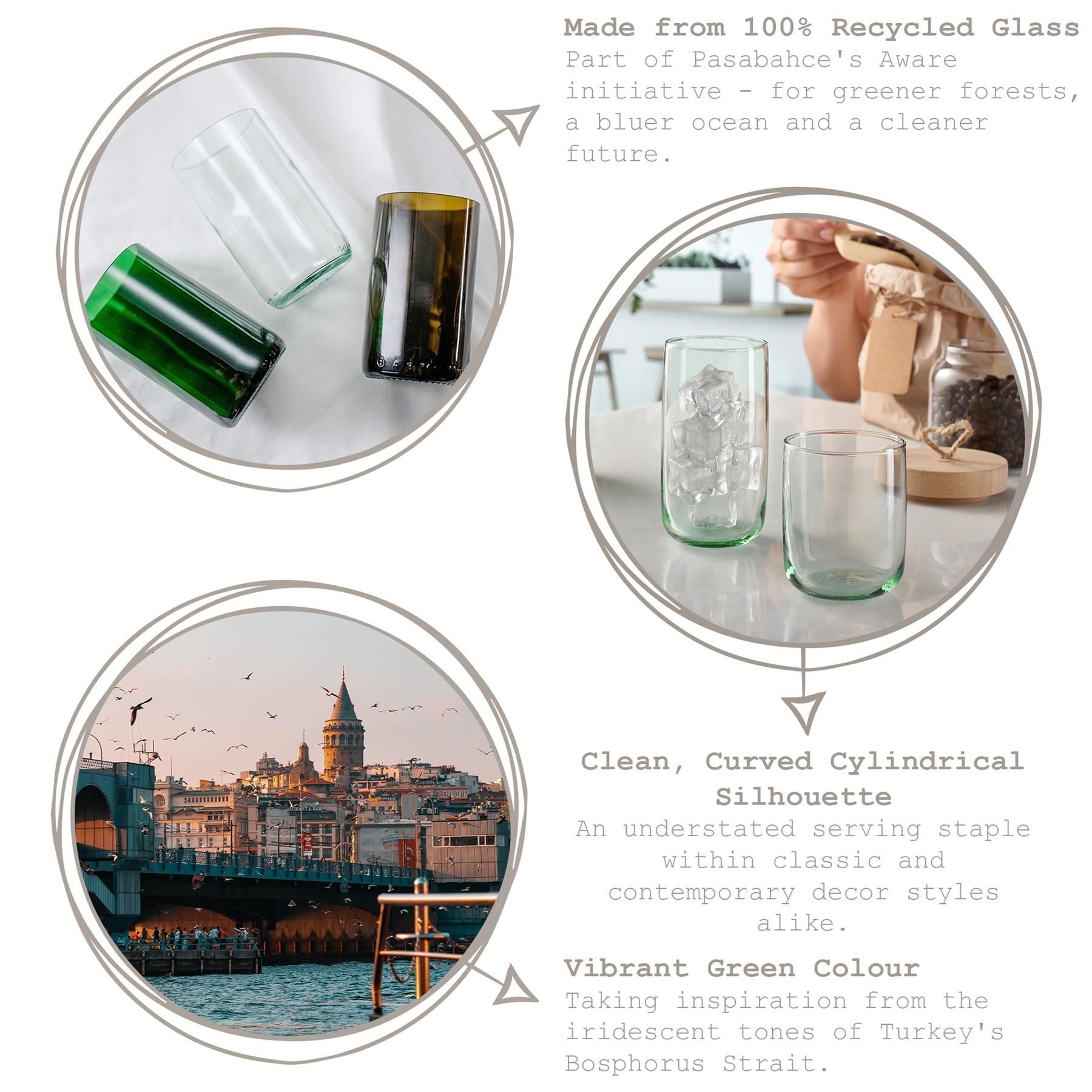 280ml Aware Iconic Recycled Glass Tumblers - Green - Pack of 4