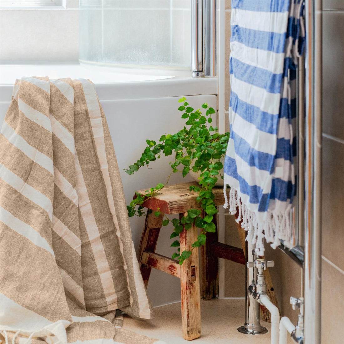 Beige Striped 170cm x 90cm Turkish Cotton Beach Towel