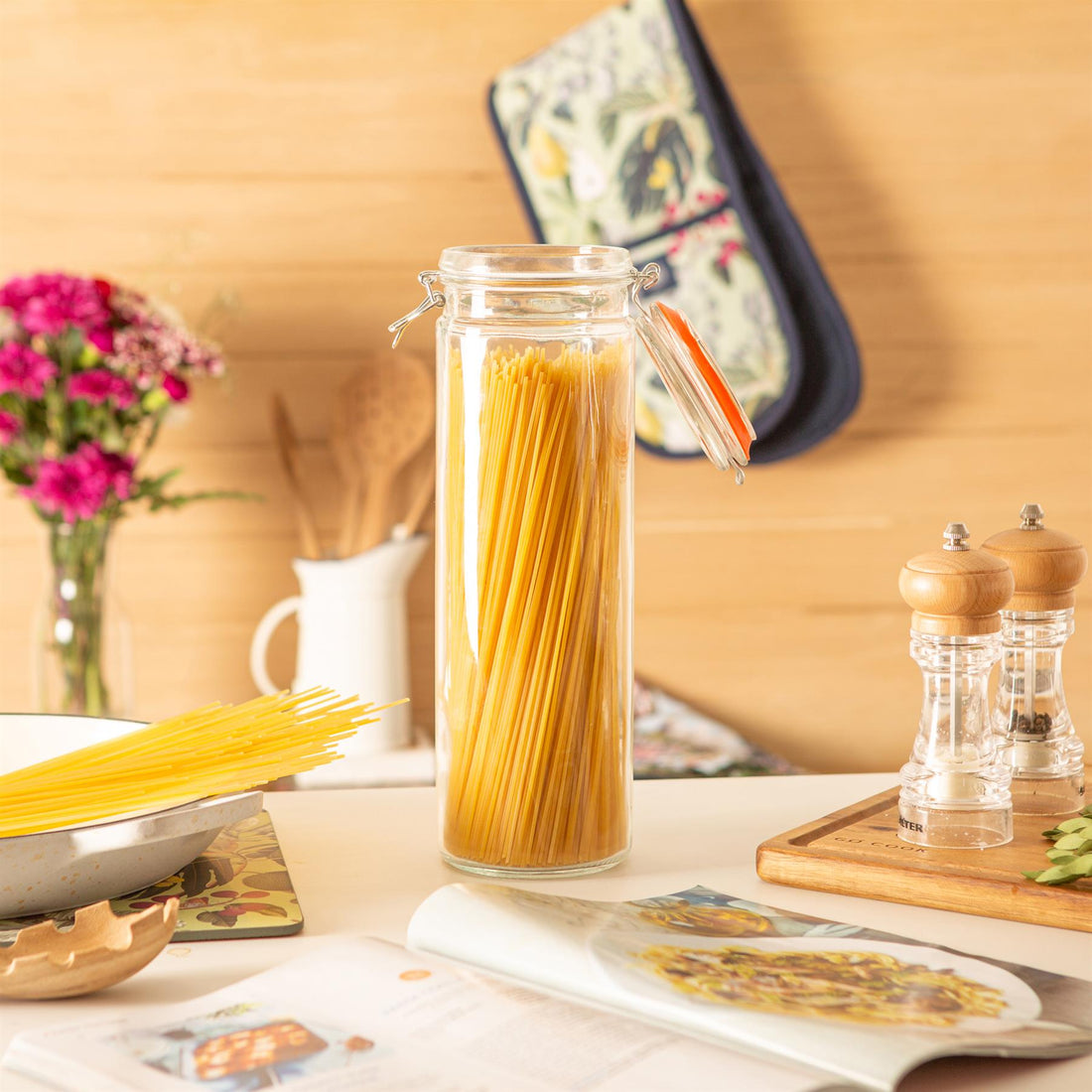 2L Clip-Top Glass Spaghetti Storage Jars with Orange Seals - Pack of 3