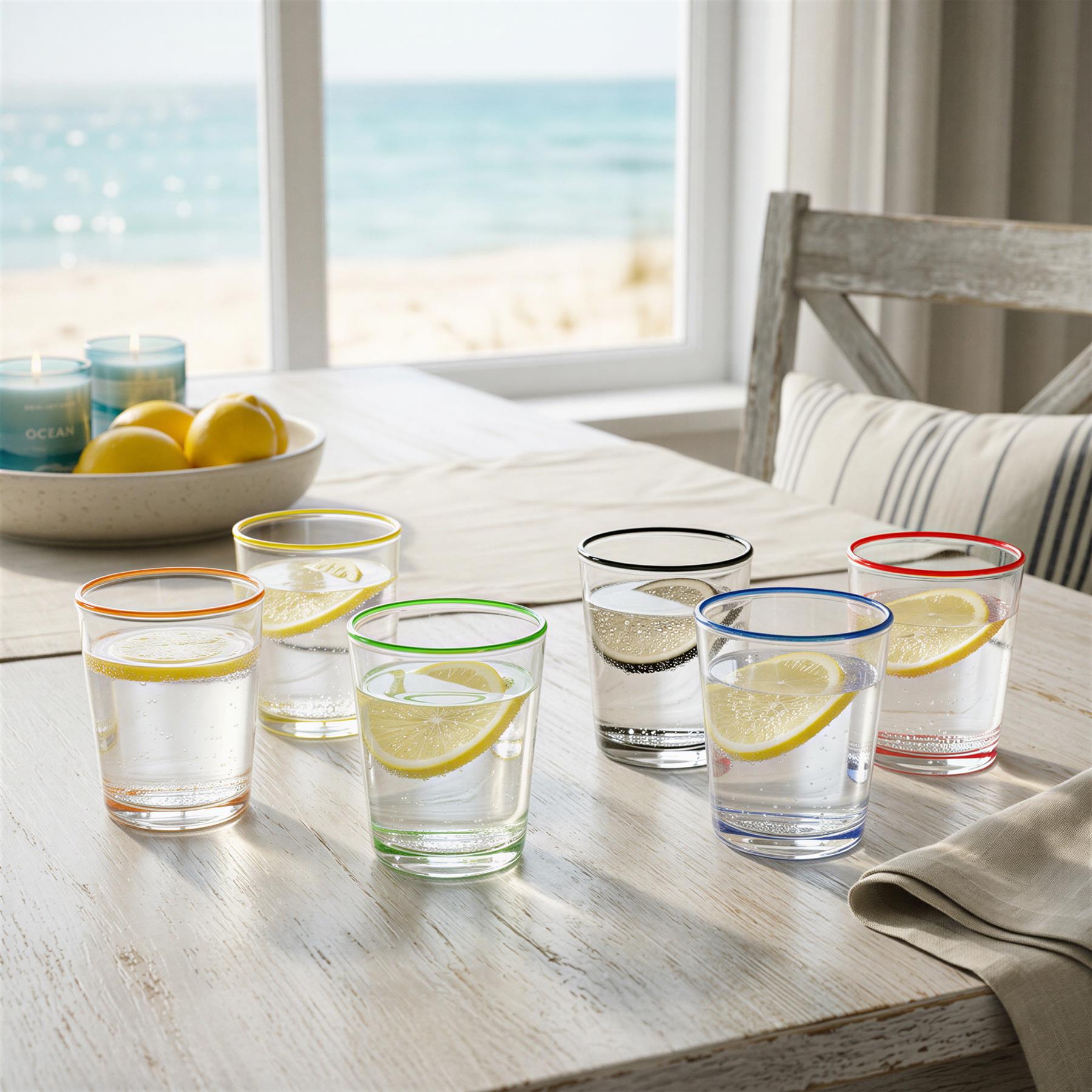 6 Piece 250ml Glass Tumblers Set - Coloured Rim