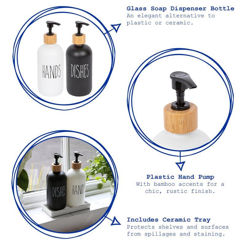 2pc Glass Hand & Dish Soap Dispenser Set with Ceramic Tray - 500ml - By Harbour Housewares