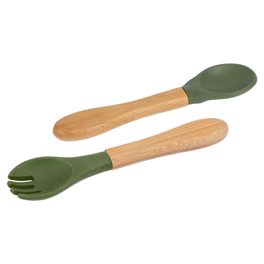 2-Piece Bamboo Baby Weaning Fork &amp; Spoon Set with Olive Green Silicone Tips