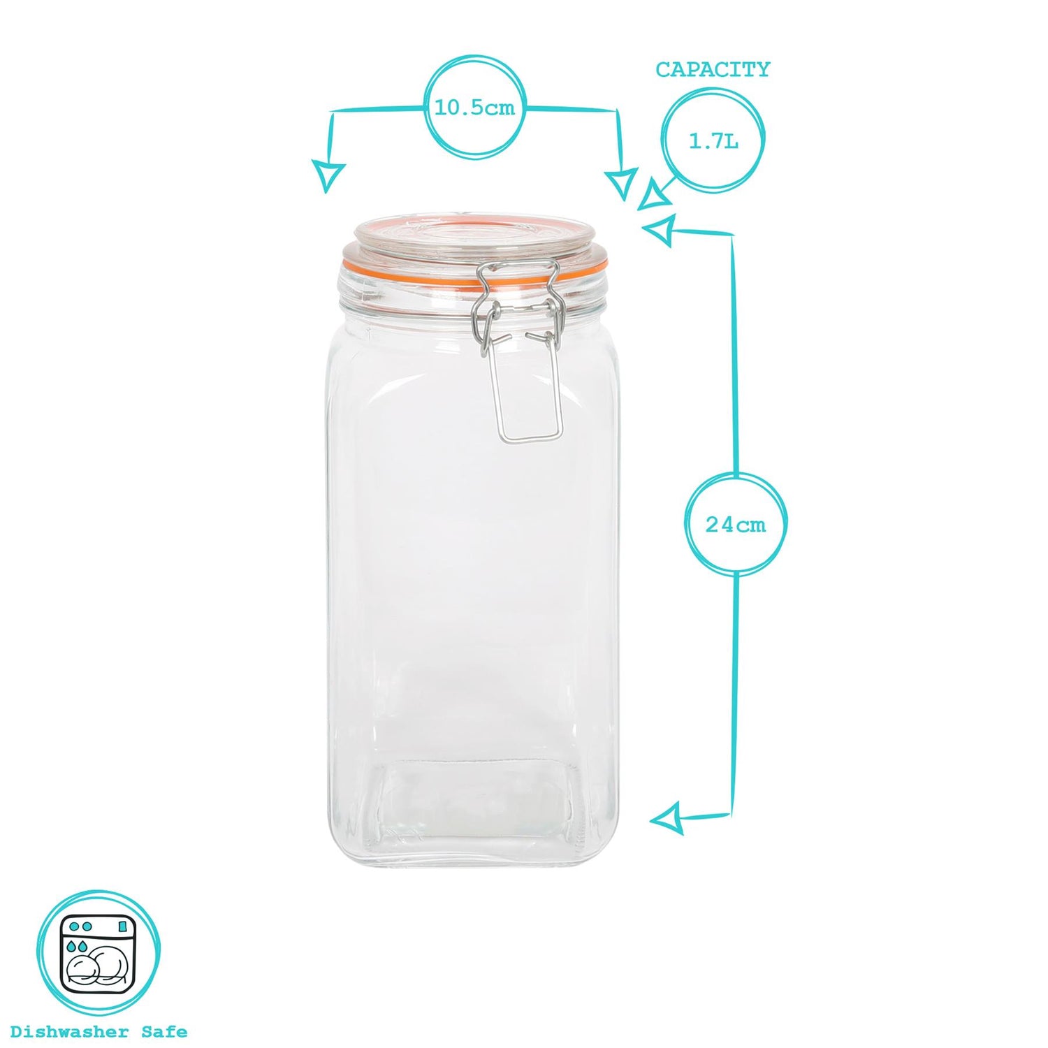 1.7L Square Glass Jars with Clip-Top Lids - Pack of Three