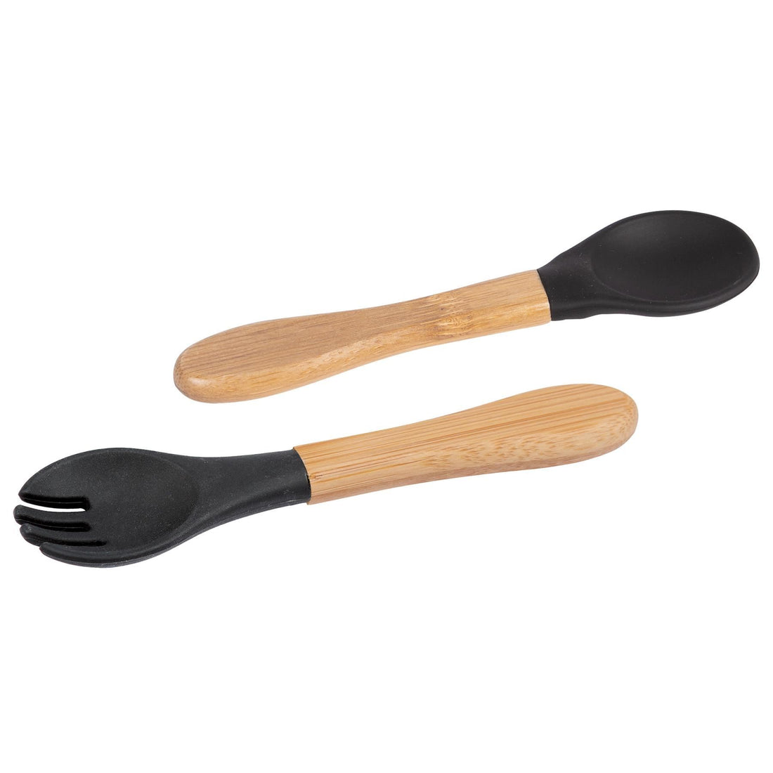 2-Piece Bamboo Baby Weaning Fork &amp; Spoon Set with Black Silicone Tips