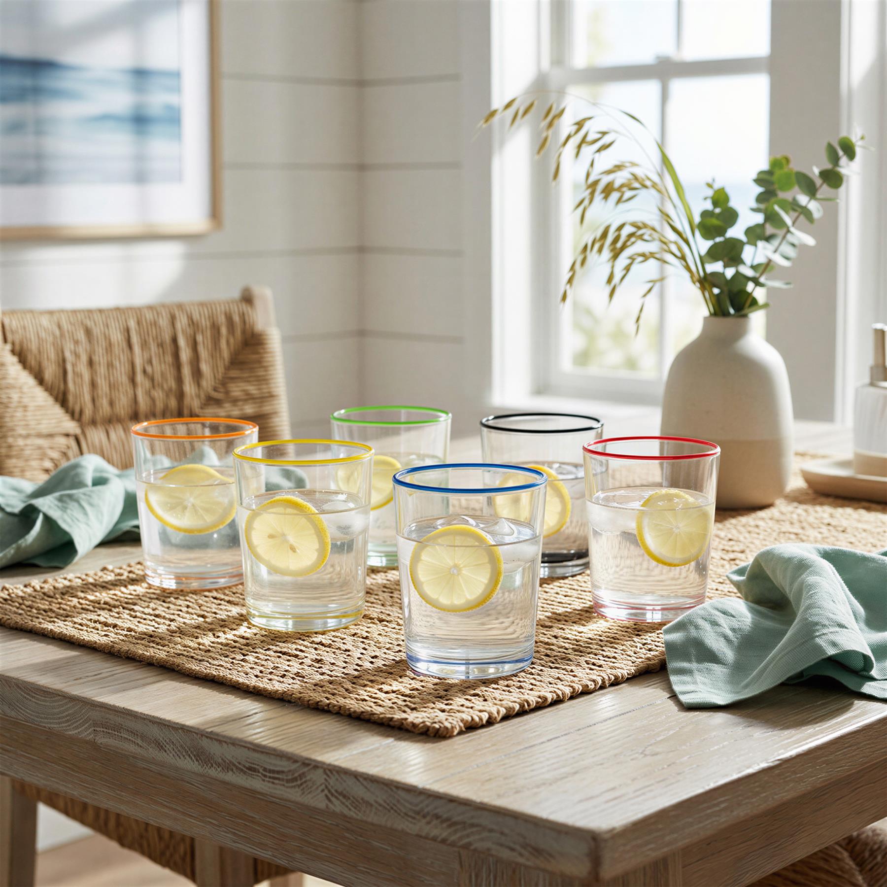 6 Piece 250ml Glass Tumblers Set - Coloured Rim