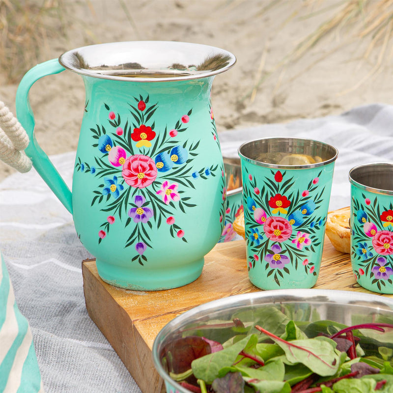 Pansy 1.7L Hand-Painted Picnic Water Jug with Mixed 300ml Tumblers Set - By BillyCan