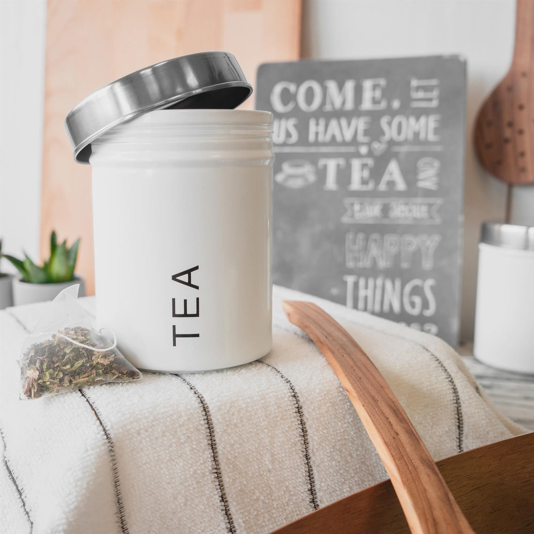 White 1L Round Metal Tea, Coffee &amp; Sugar Canister with Labels