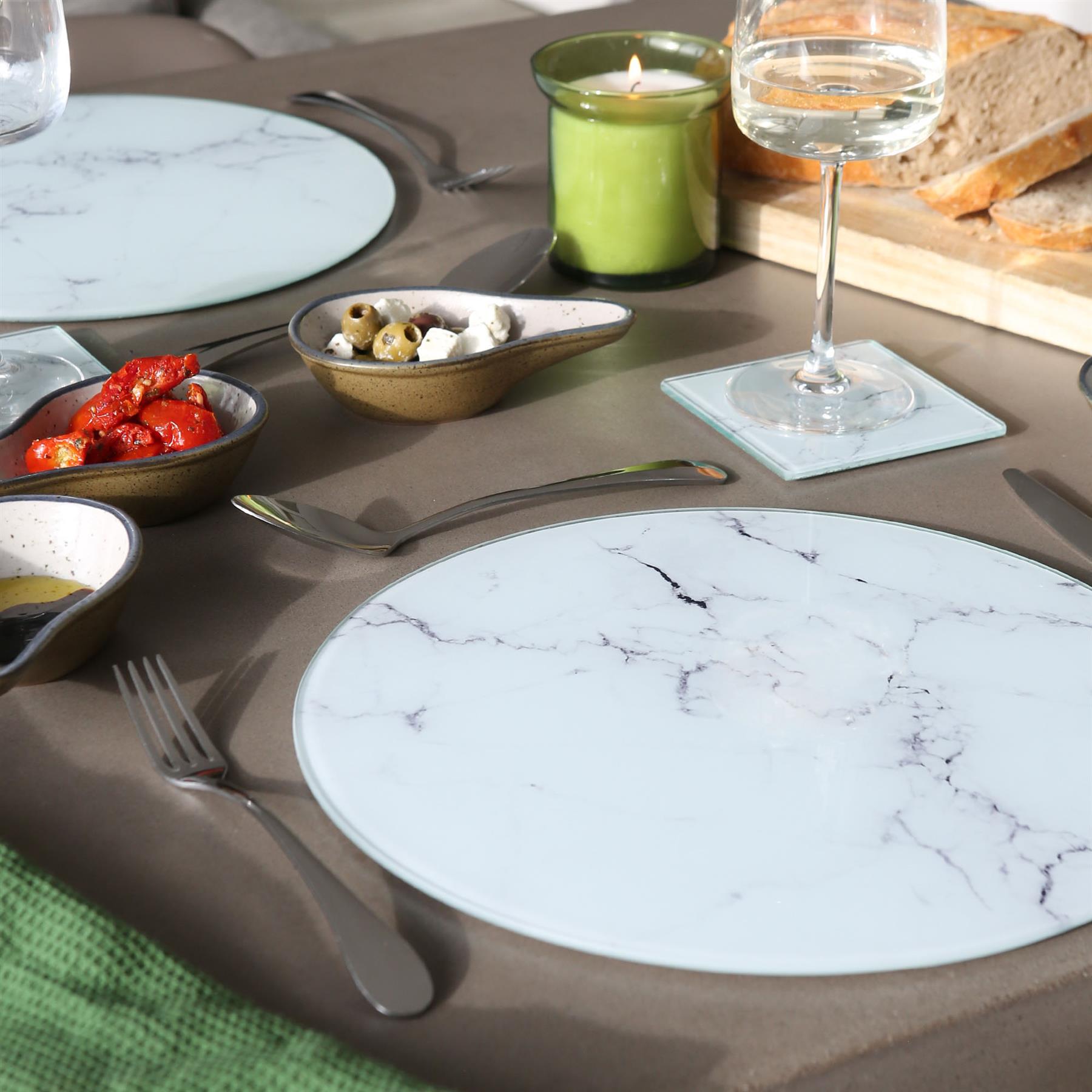 12pc Round Glass Placemats &amp; Square Coasters Set - 30cm - Marble