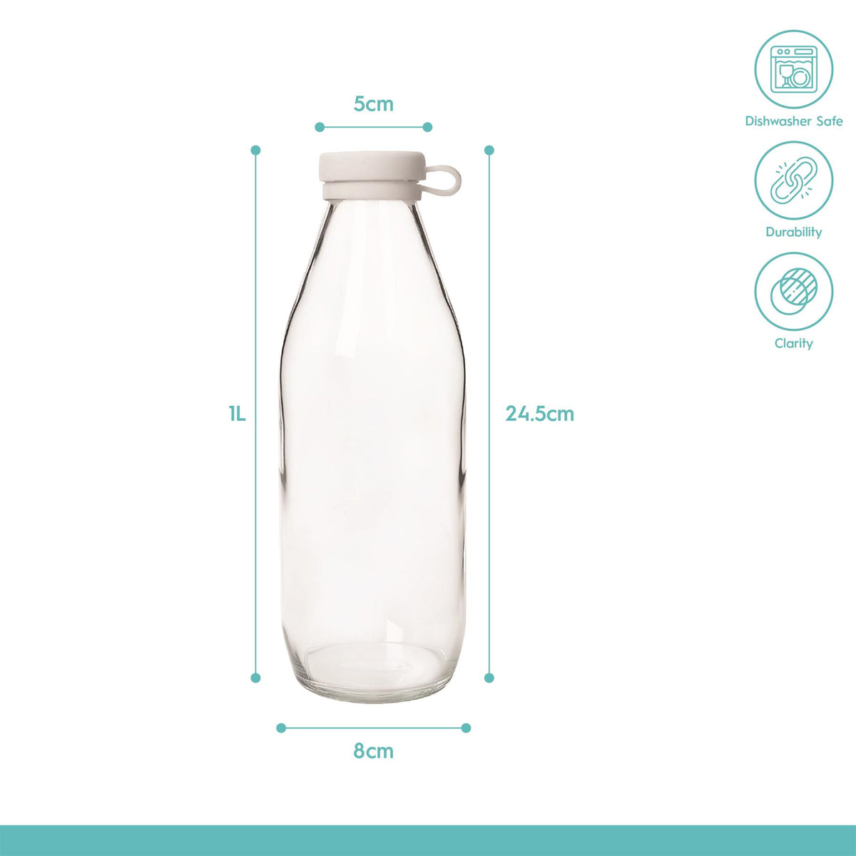 1L Glass Water Bottle with Silicone Lid - White