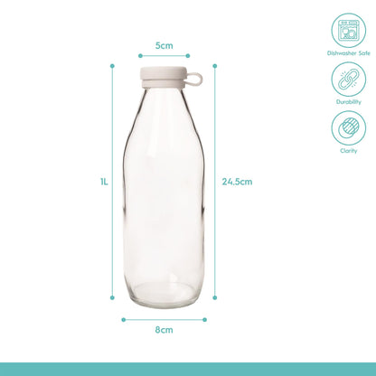 1L Glass Water Bottle with Silicone Lid - White