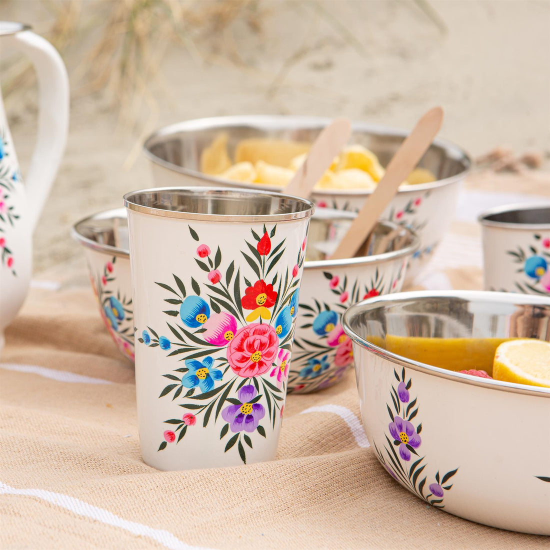 Cotton 400ml Pansy Hand-Painted Stainless Steel Picnic Cups - Pack of 6