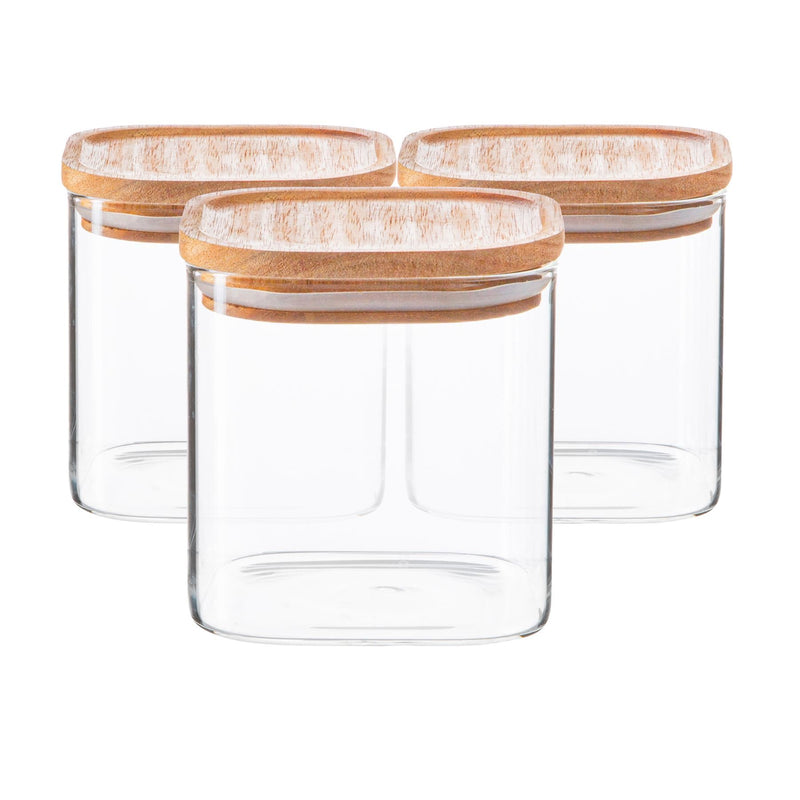 680ml Square Glass Storage Jars with Wooden Lid - Pack of 3 - By Argon Tableware
