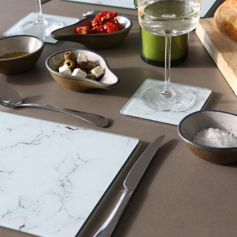 12pc Rectangle Glass Placemats & Square Coasters Set - 30cm x 20cm - Marble - By Harbour Housewares