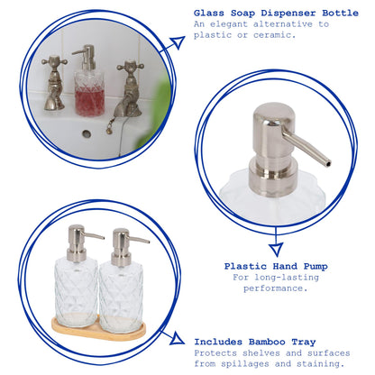 2pc Prism Glass Soap Dispenser Set with Bamboo Tray - 330ml