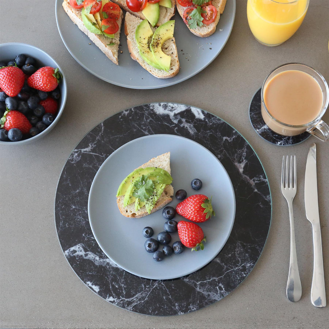 Black Marble-Effect 12-Piece Round Glass Placemats &amp; Round Coasters Set - 30cm