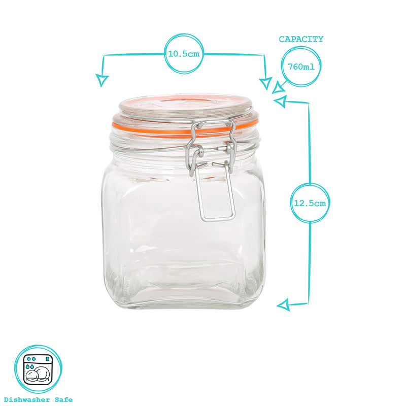 760ml Square Glass Jars with Clip-Top Lids - Pack of Three - By Argon Tableware