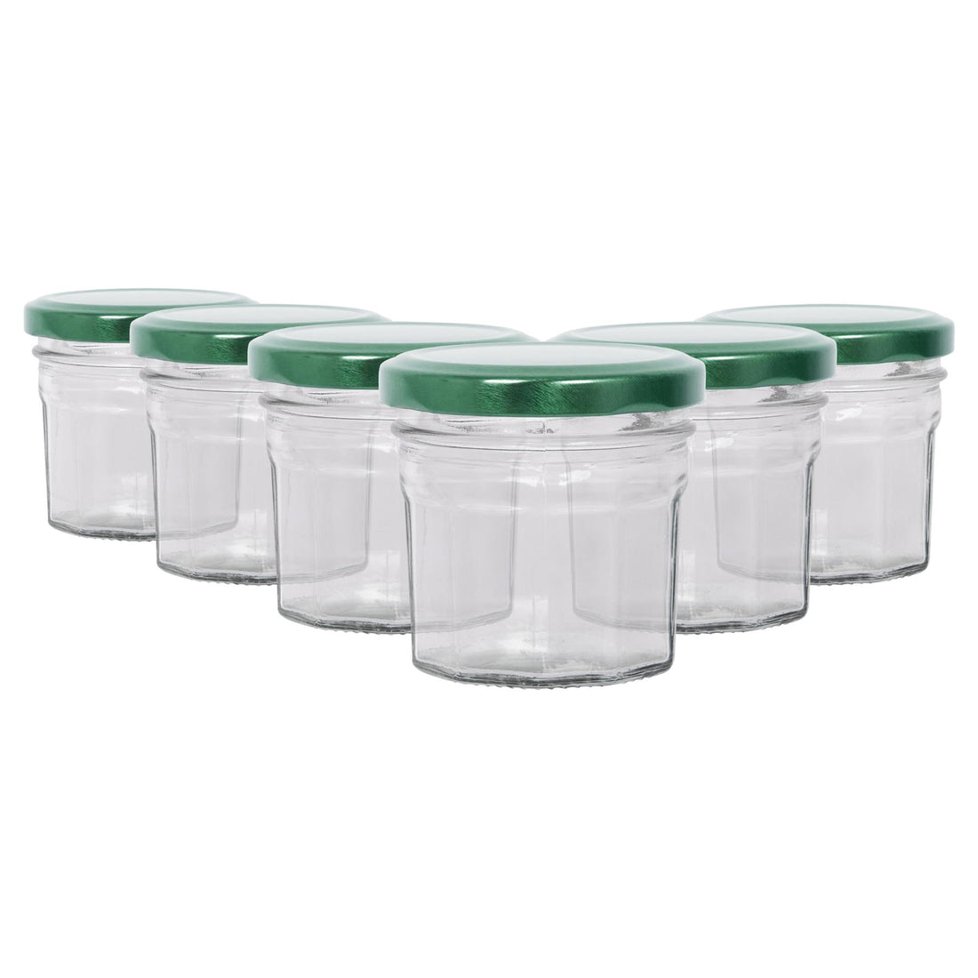 90ml Octagonal Glass Jam Jars with Green Screw-Top Lids - Pack of 6