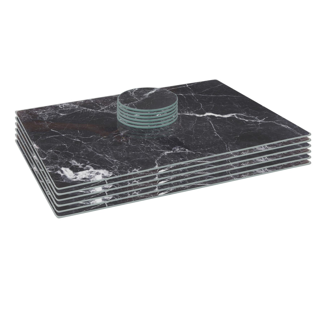 Black Marble-Effect 12-Piece Rectangular Glass Placemats &amp; Round Coasters Set - 40cm x 30cm