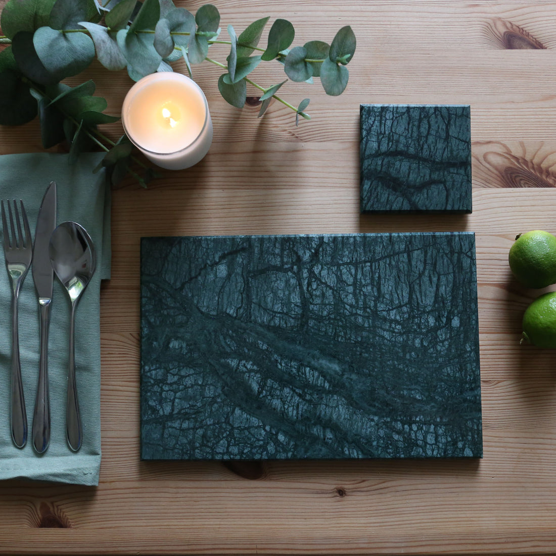 12pc Rectangle Marble Placemats &amp; Square Coasters Set - 30cm x 20cm - Green