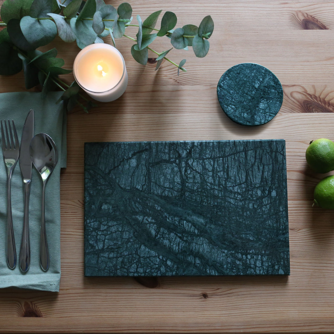 12pc Rectangle Marble Placemats & Round Coasters Set - 30cm x 20cm - Green