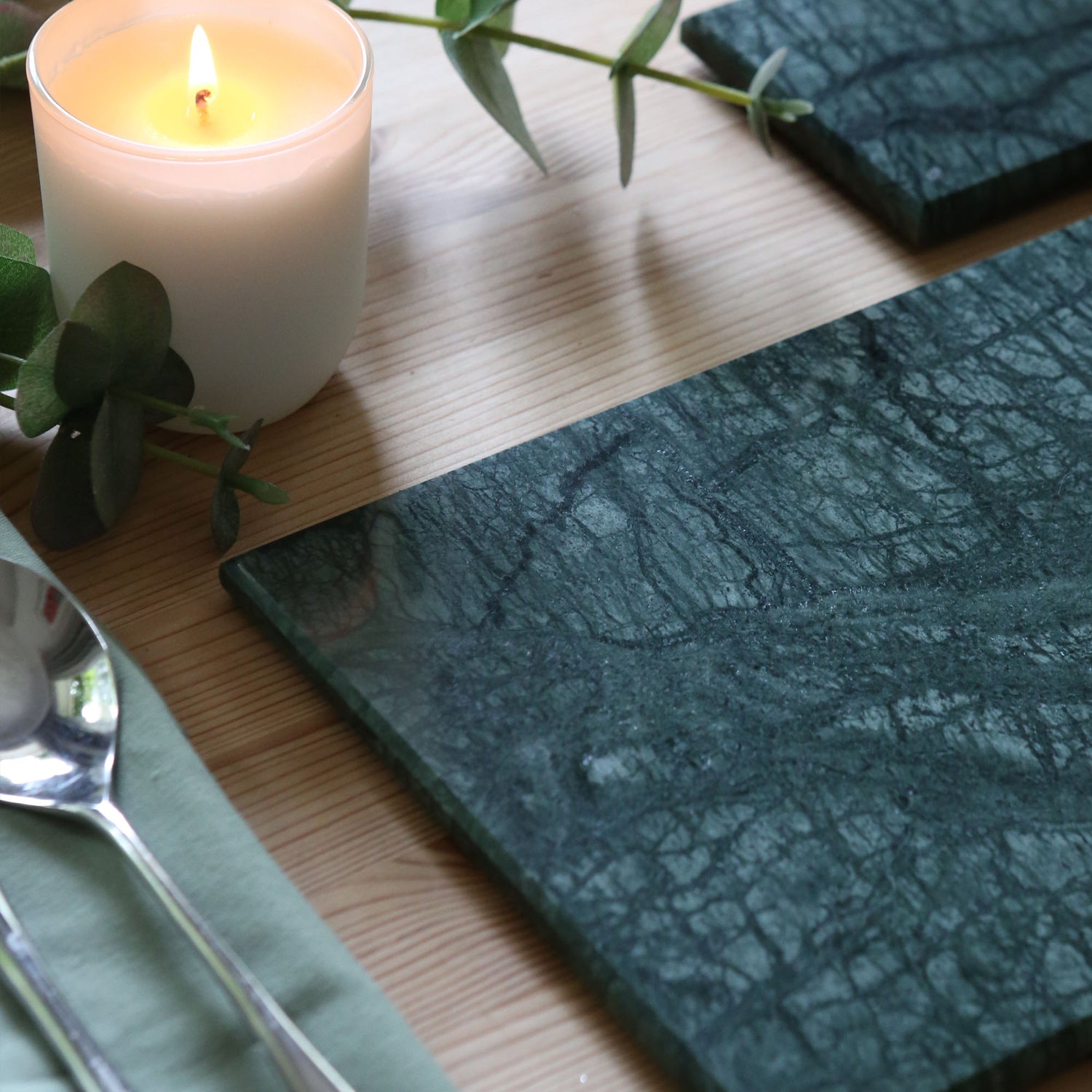 12pc Rectangle Marble Placemats &amp; Square Coasters Set - 30cm x 20cm - Green