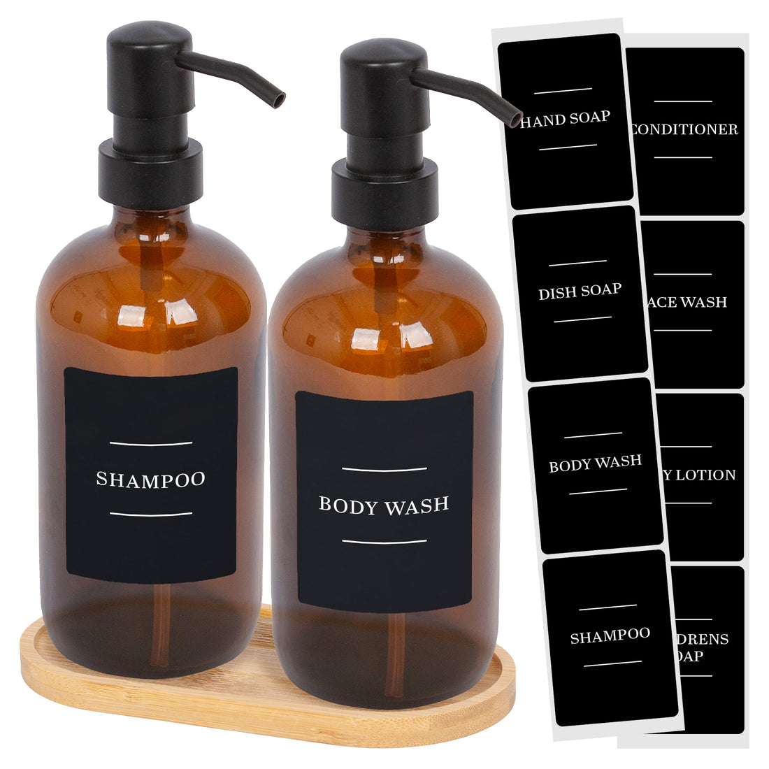 500ml 2-Piece Glass Soap Dispenser Set with Bamboo Tray &amp; Labels - Amber &amp; Black