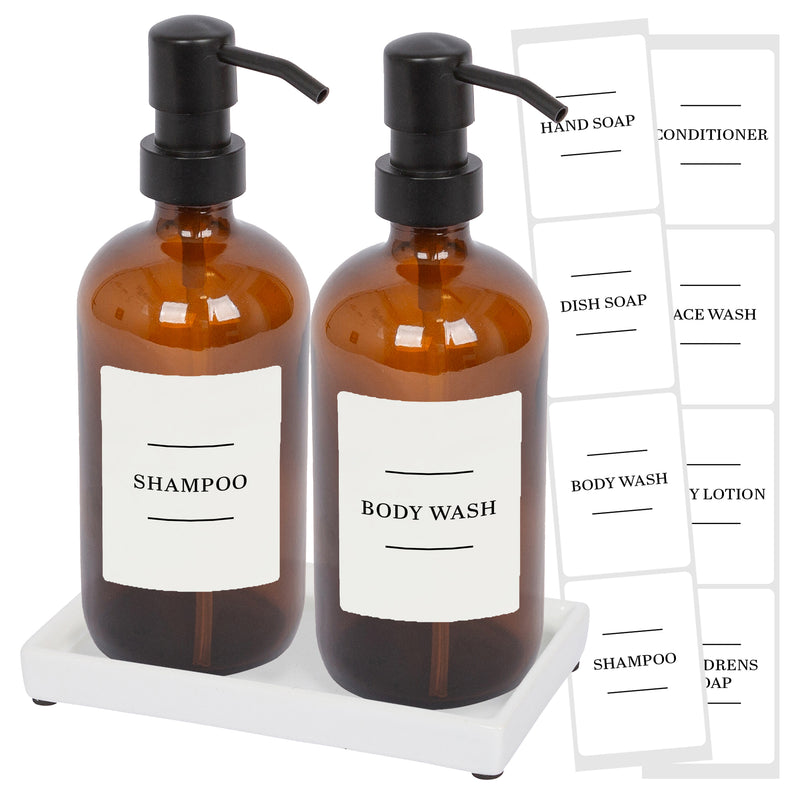 2pc Glass Soap Dispenser Set with Ceramic Tray & Labels - 500ml - By Harbour Housewares