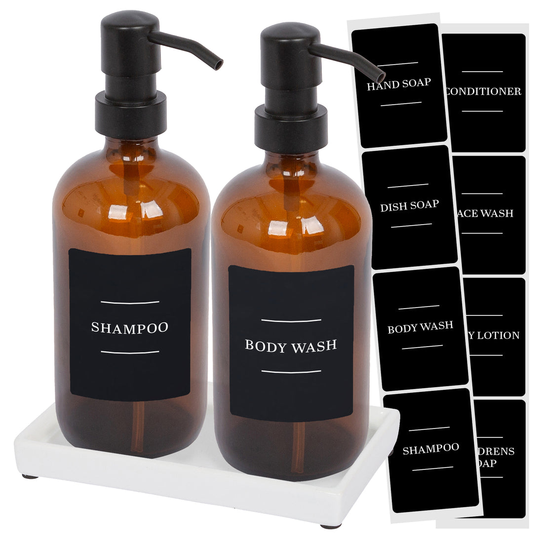 500ml 2-Piece Glass Soap Dispenser Set with Ceramic Tray &amp; Labels - Amber &amp; Black