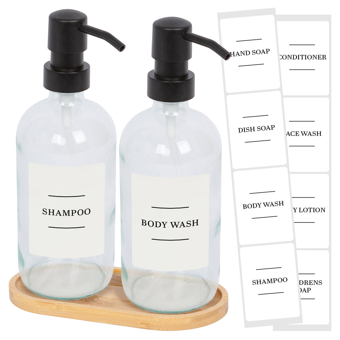 500ml 2-Piece Glass Soap Dispenser Set with Bamboo Tray &amp; Labels - Clear &amp; White