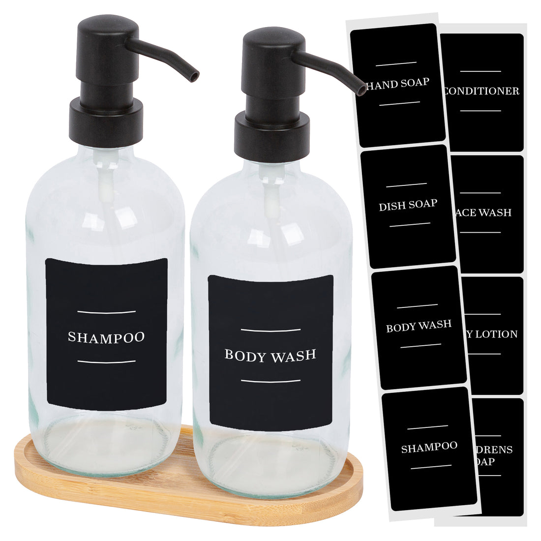 500ml 2-Piece Glass Soap Dispenser Set with Bamboo Tray &amp; Labels - Clear &amp; Black