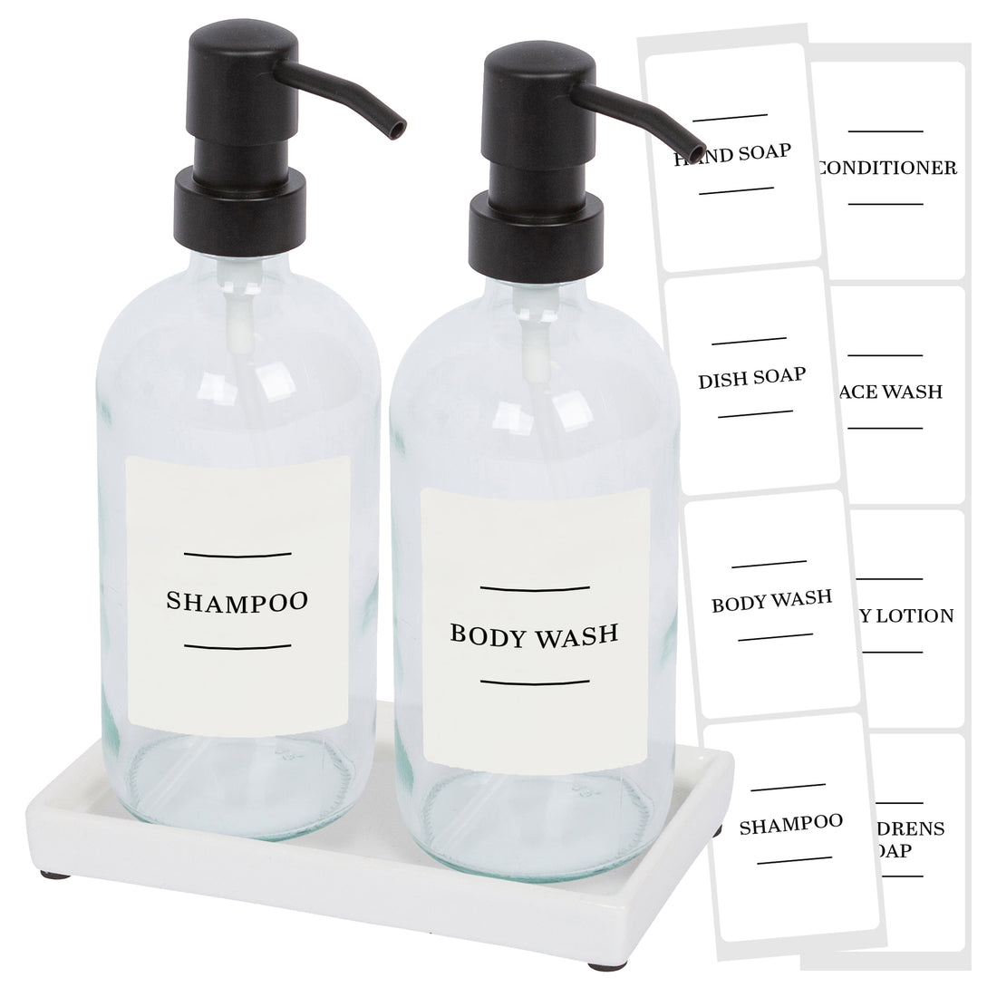 500ml 2-Piece Glass Soap Dispenser Set with Ceramic Tray &amp; Labels - Clear &amp; White