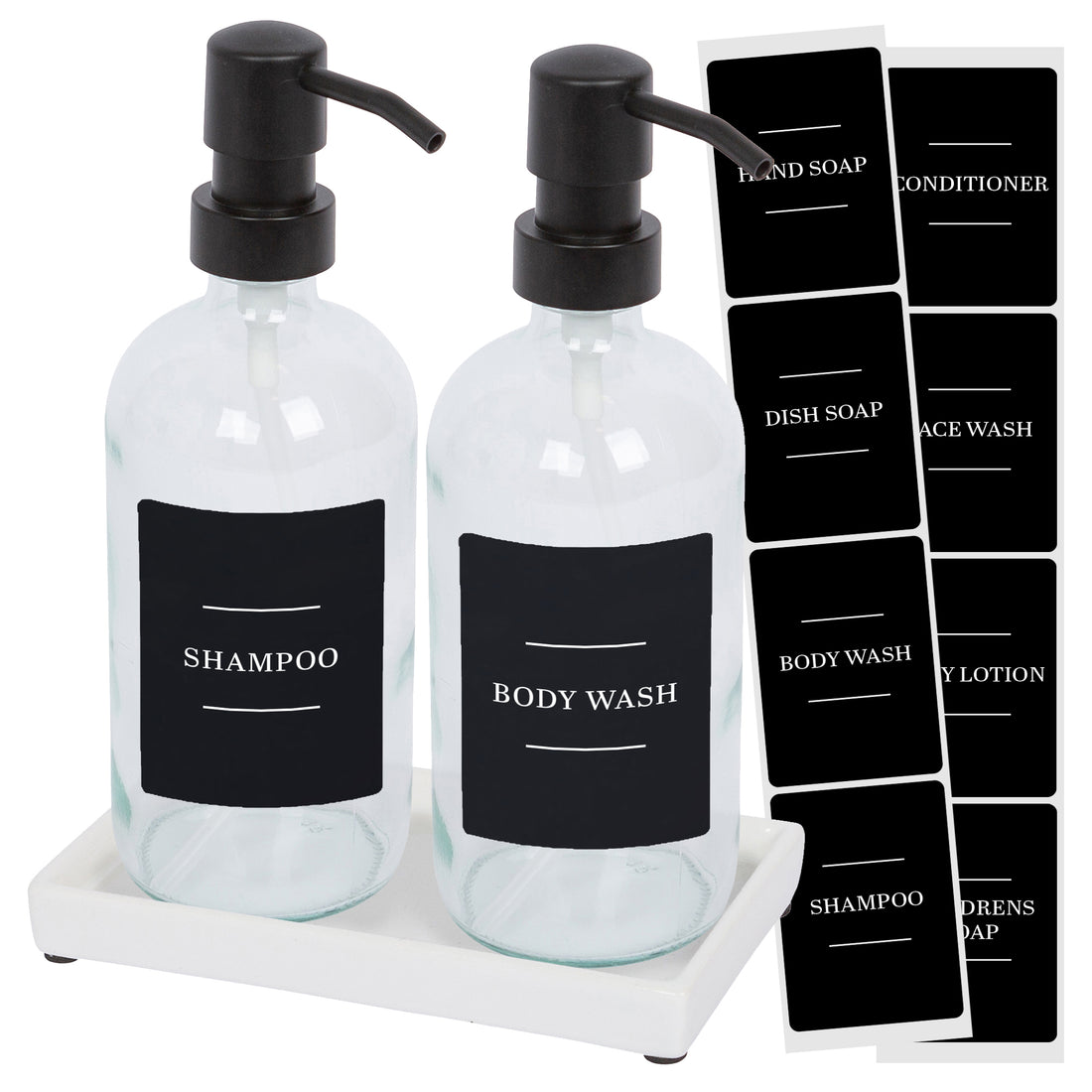 500ml 2-Piece Glass Soap Dispenser Set with Ceramic Tray &amp; Labels - Clear &amp; Black