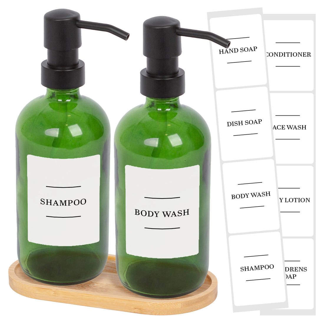500ml 2-Piece Glass Soap Dispenser Set with Bamboo Tray &amp; Labels - Green &amp; White