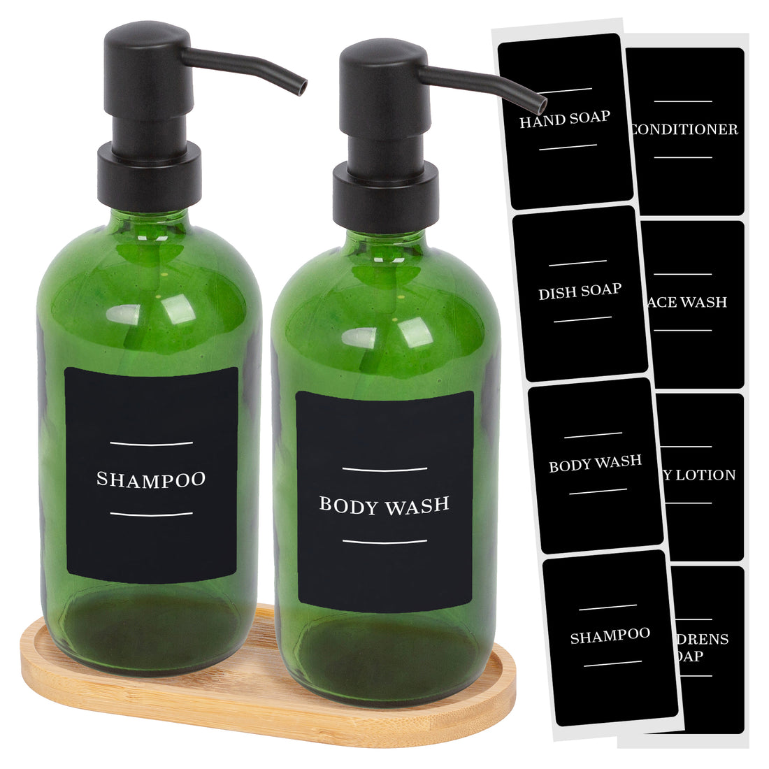 500ml 2-Piece Glass Soap Dispenser Set with Bamboo Tray &amp; Labels - Green &amp; Black