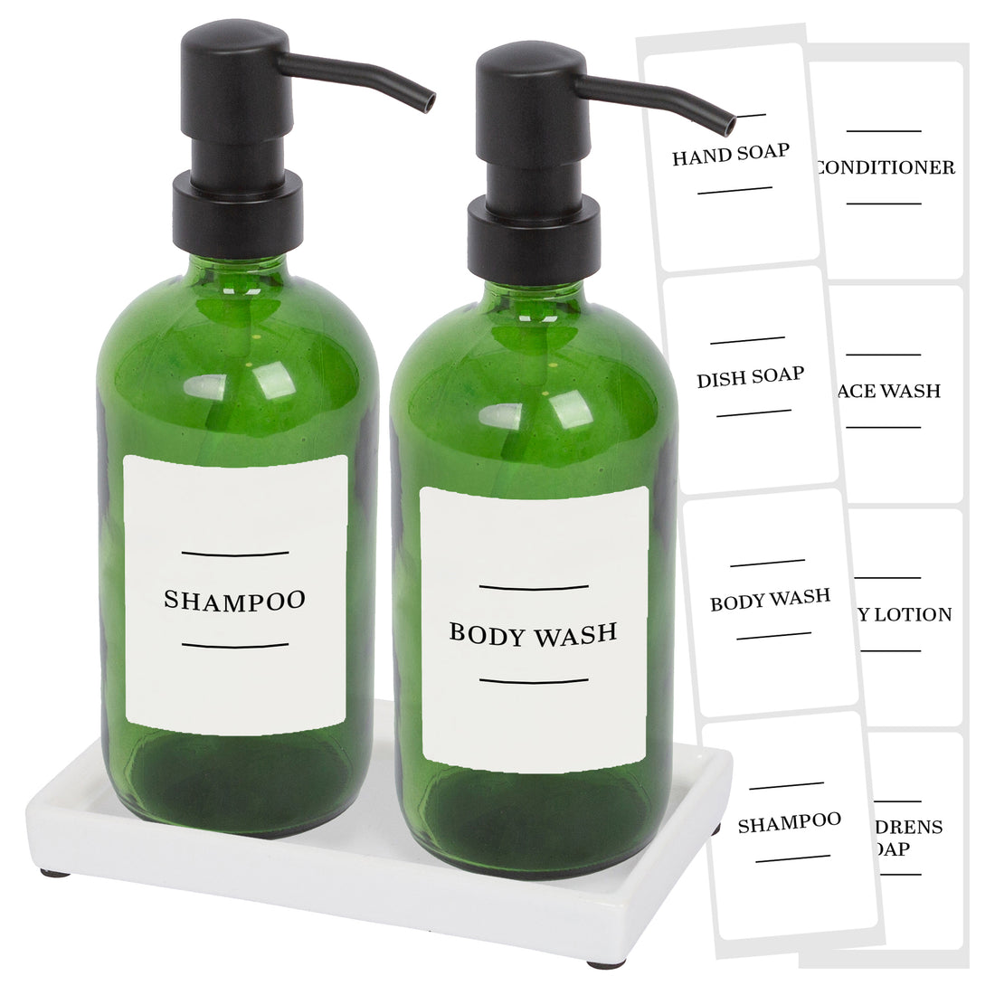 500ml 2-Piece Glass Soap Dispenser Set with Ceramic Tray &amp; Labels - Green &amp; White