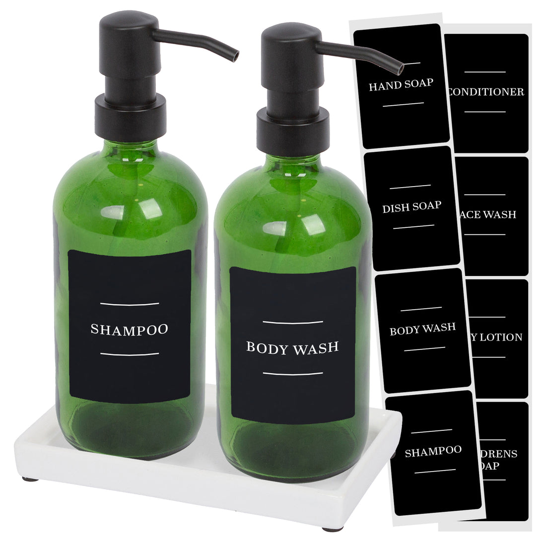 500ml 2-Piece Glass Soap Dispenser Set with Ceramic Tray &amp; Labels - Green &amp; Black