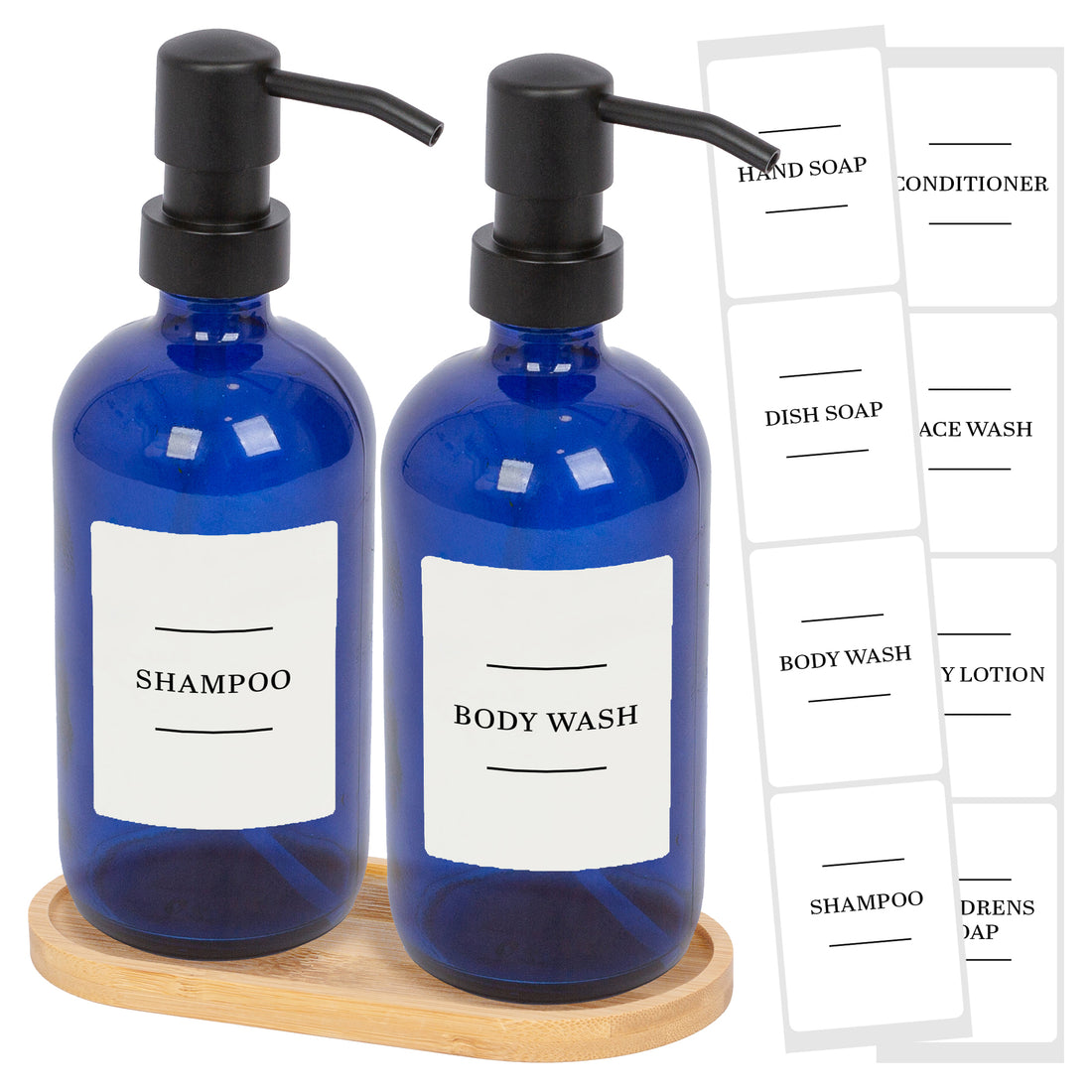 500ml 2-Piece Glass Soap Dispenser Set with Bamboo Tray &amp; Labels - Blue &amp; White