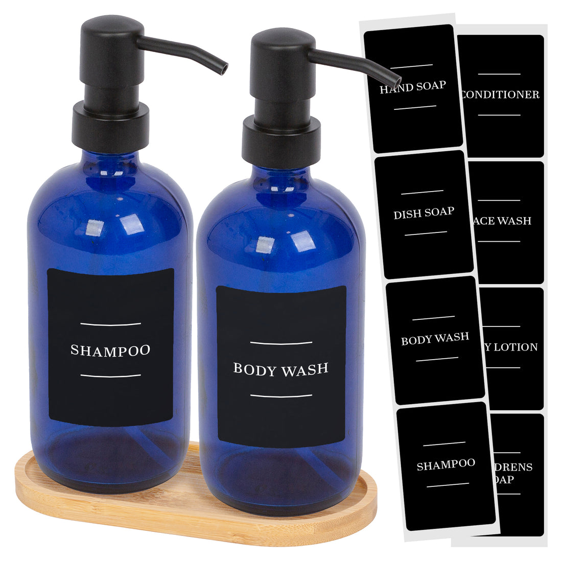 500ml 2-Piece Glass Soap Dispenser Set with Bamboo Tray &amp; Labels - Blue &amp; Black