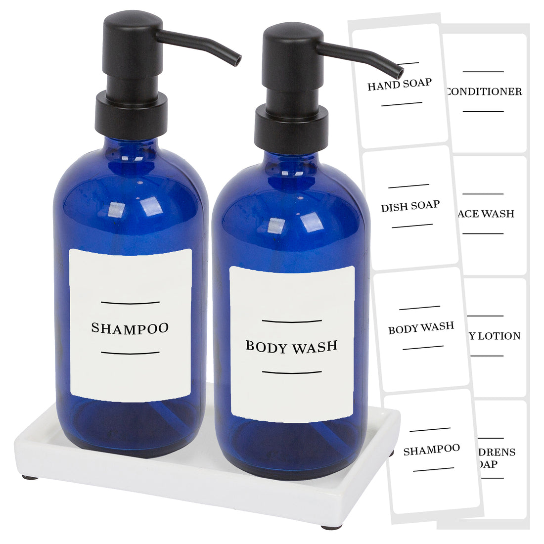 500ml 2-Piece Glass Soap Dispenser Set with Ceramic Tray &amp; Labels - Blue &amp; White