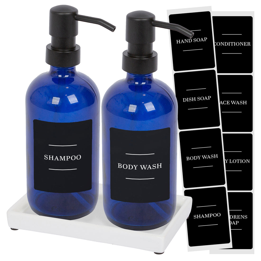 500ml 2-Piece Glass Soap Dispenser Set with Ceramic Tray &amp; Labels - Blue &amp; Black