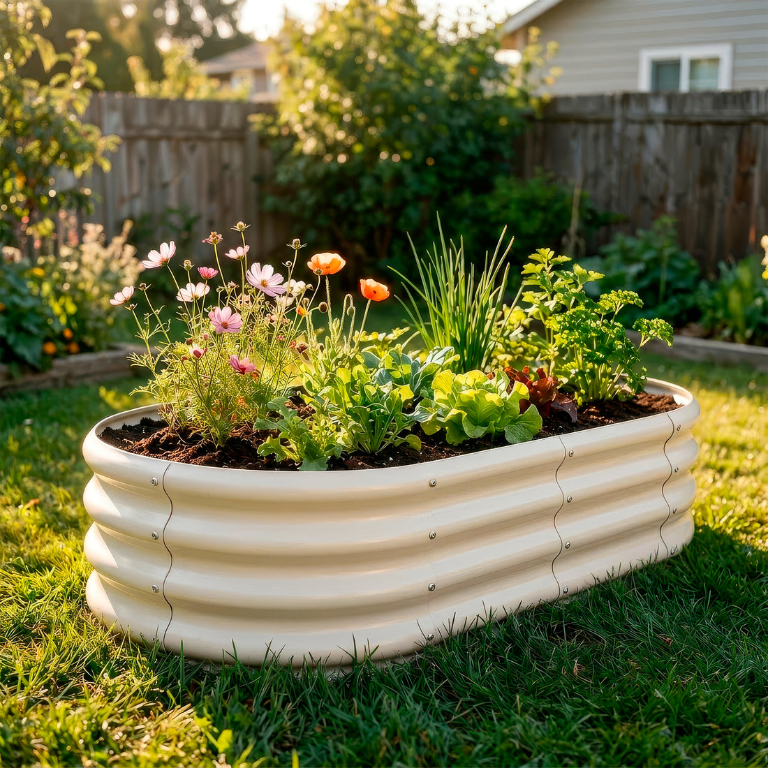 Ivory Rounded Galvanised Steel Raised Garden Bed - 120cm x 60cm