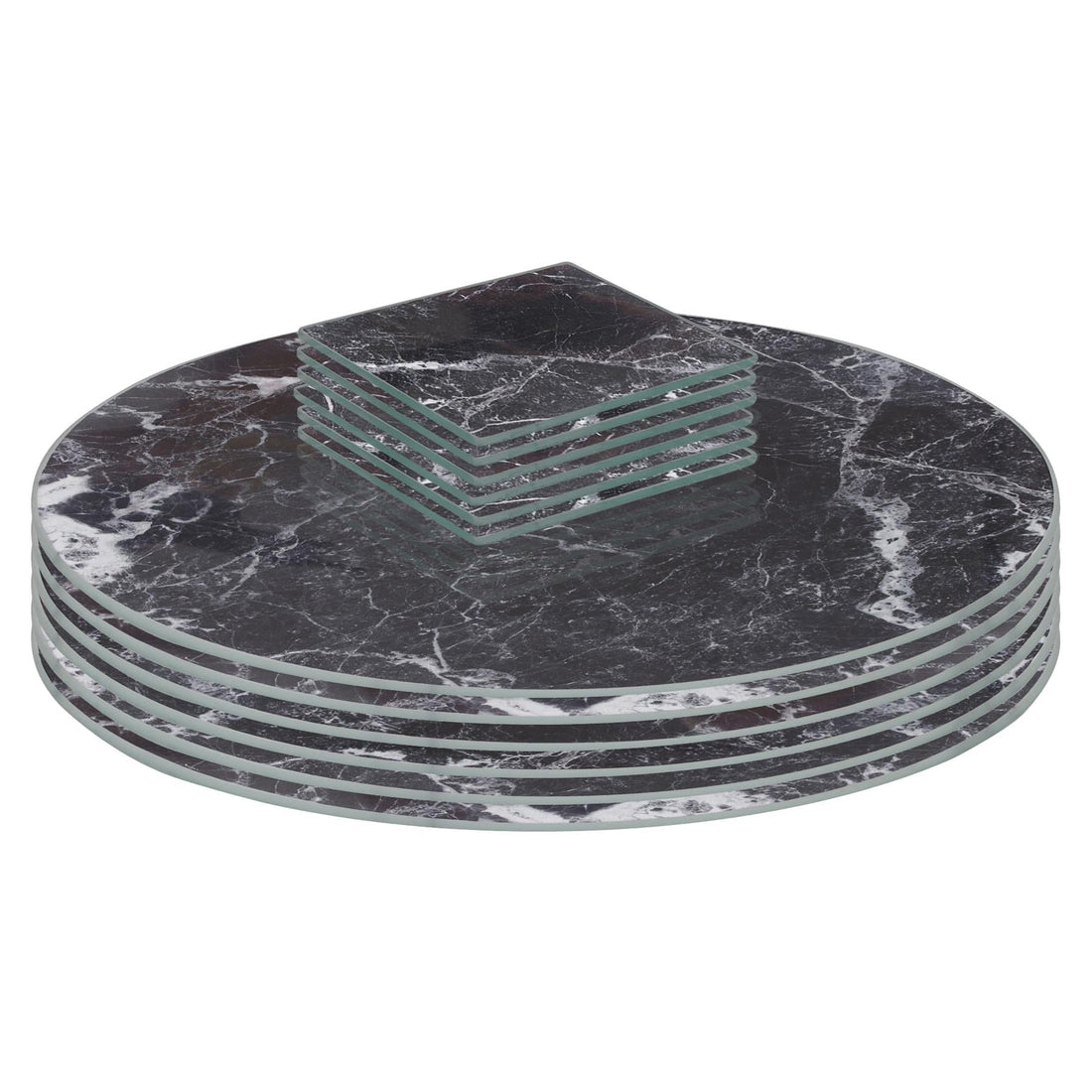 Black Marble-Effect 12-Piece Round Glass Placemats &amp; Square Coasters Set - 30cm