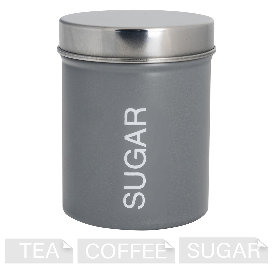 Grey 1L Round Metal Tea, Coffee &amp; Sugar Canister with Labels