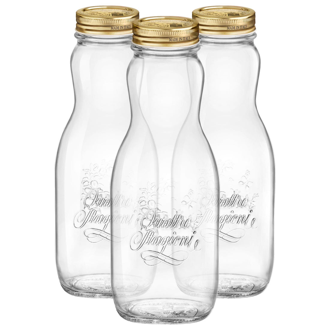 1L Quattro Stagioni Glass Juice Bottles with Screw Top Lid - Pack of 3 - By Bormioli Rocco