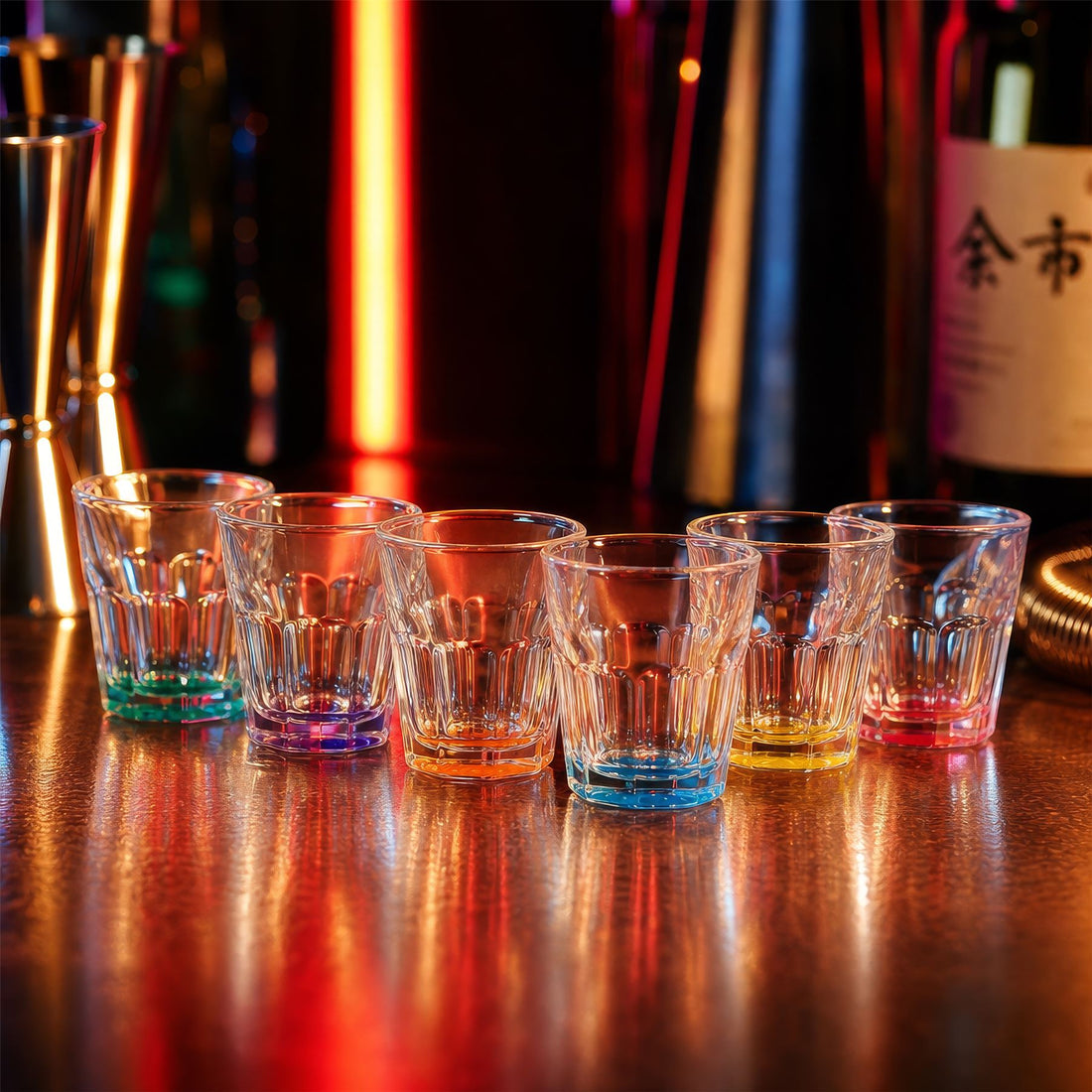55ml Panelled Shot Glasses with Coloured Base - Pack of 6